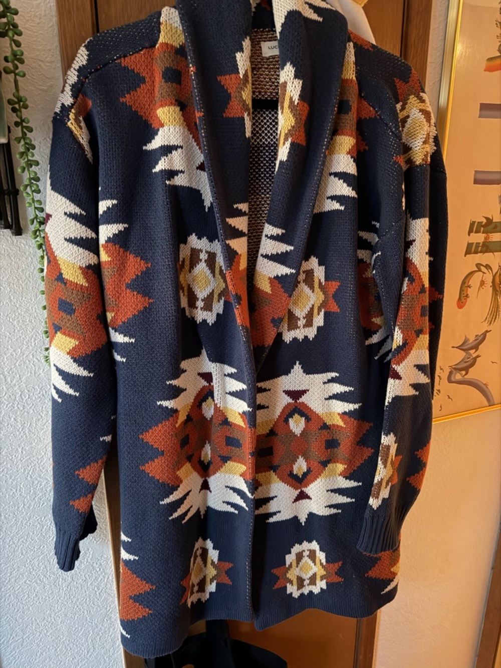 Lucky Brand Southwestern Open Cardigan Navy Rust Cream XL